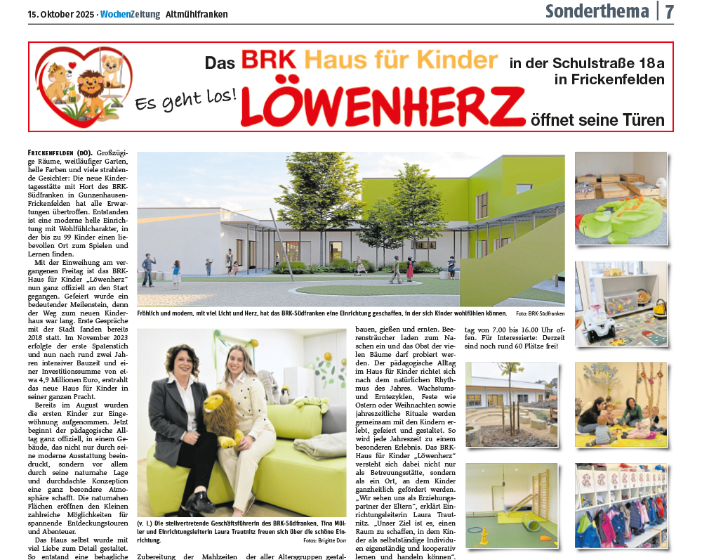 Artikel in der Wochenzeitung "Einweihung Haus für Kinder Löwenherz" Artikel in der Wochenzeitung "Einweihung Haus für Kinder Löwenherz"